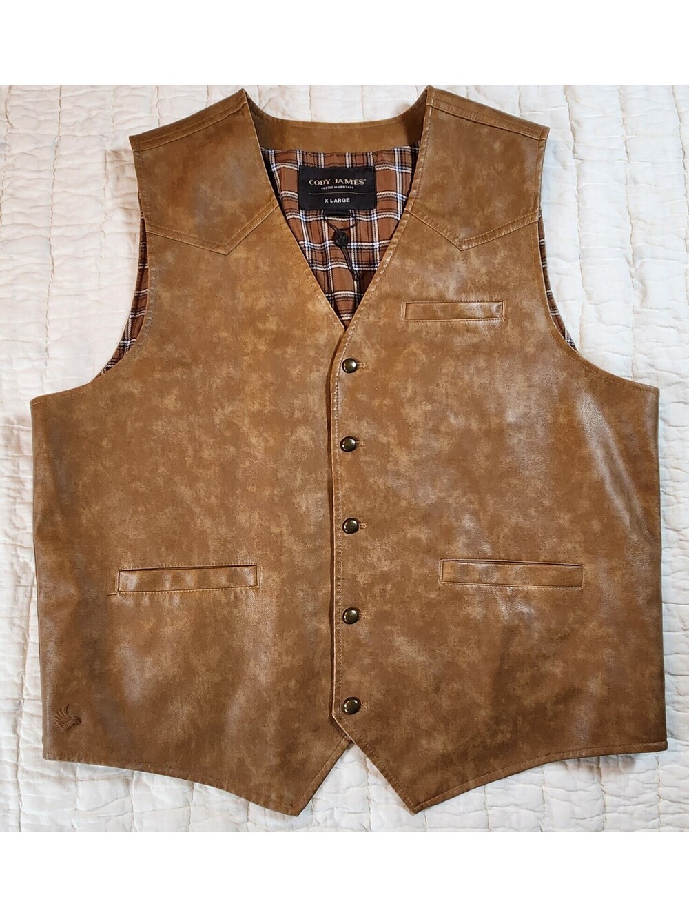 Cody James Men's Hoof Print Faux Leather Western Vest Tan/Plaid XL NWOT